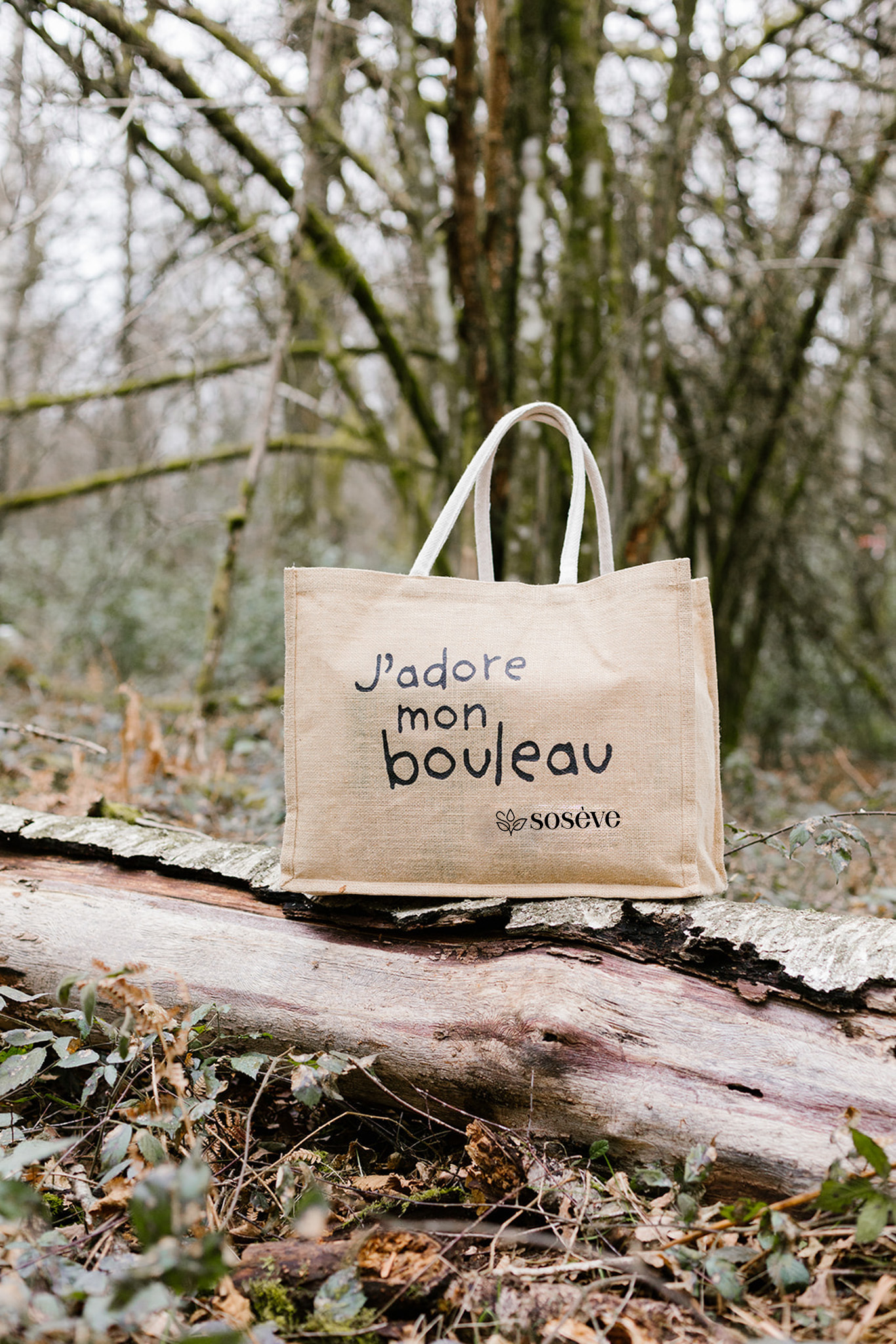 Sac Sosève, en toile de jute : J'adore mon bouleau